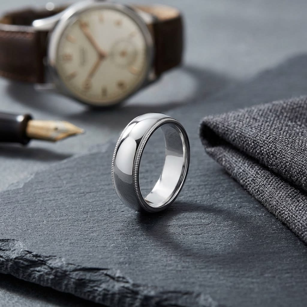 6mm Slightly Domed Traditional Oval Milgrain Wedding Band in 14K White Gold, on walnut surface with pocket square