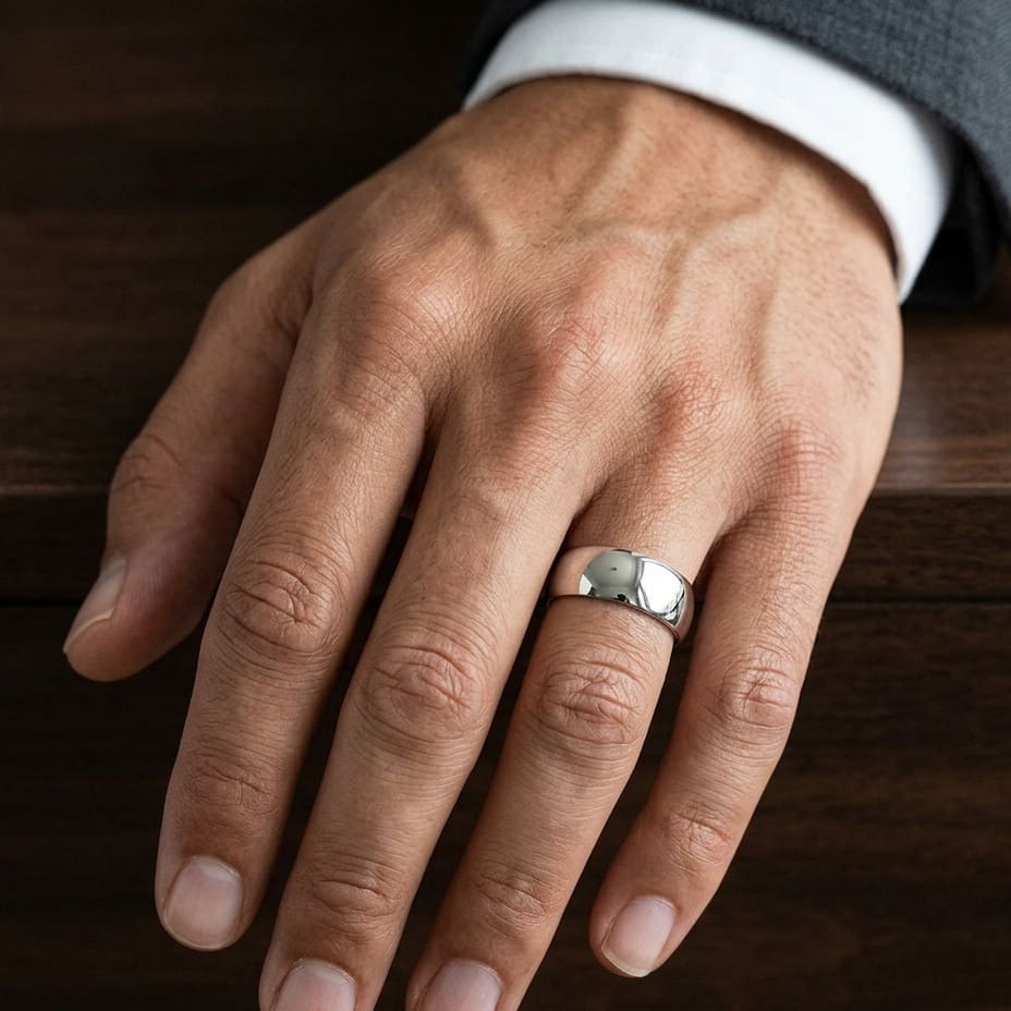 10mm Slightly Domed Traditional Oval Wedding Band in 14K White Gold, worn on hand, masculine close-up