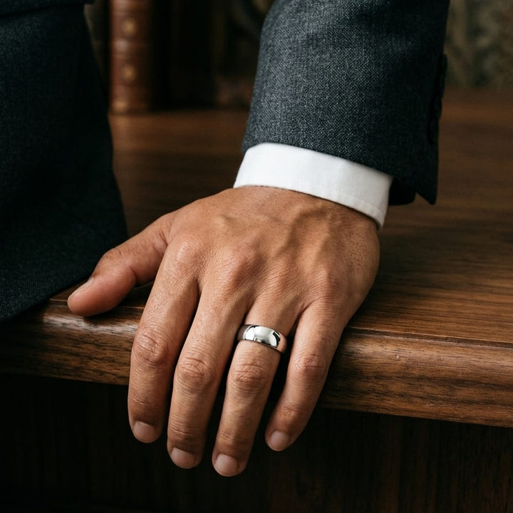 10mm Slightly Domed Traditional Oval Wedding Band in 14K White Gold, worn on hand, masculine full view