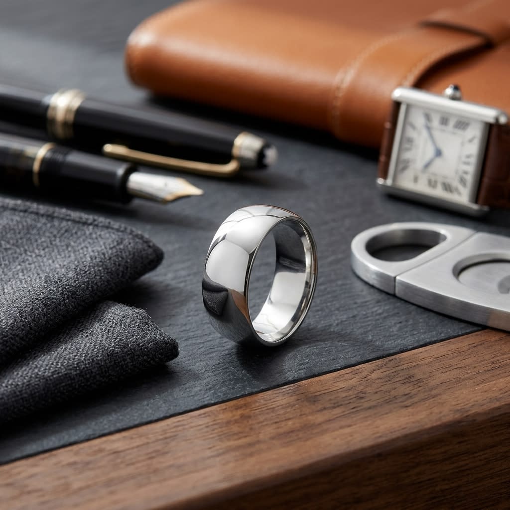 10mm Slightly Domed Traditional Oval Wedding Band in 14K White Gold, on walnut surface with pocket square