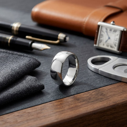 10mm Slightly Domed Traditional Oval Wedding Band in 14K White Gold, on walnut surface with pocket square