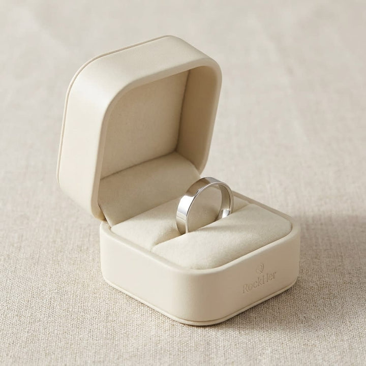4mm Flat Comfort-Fit Wedding Band in 14K White Gold, in navy velvet jewelry box