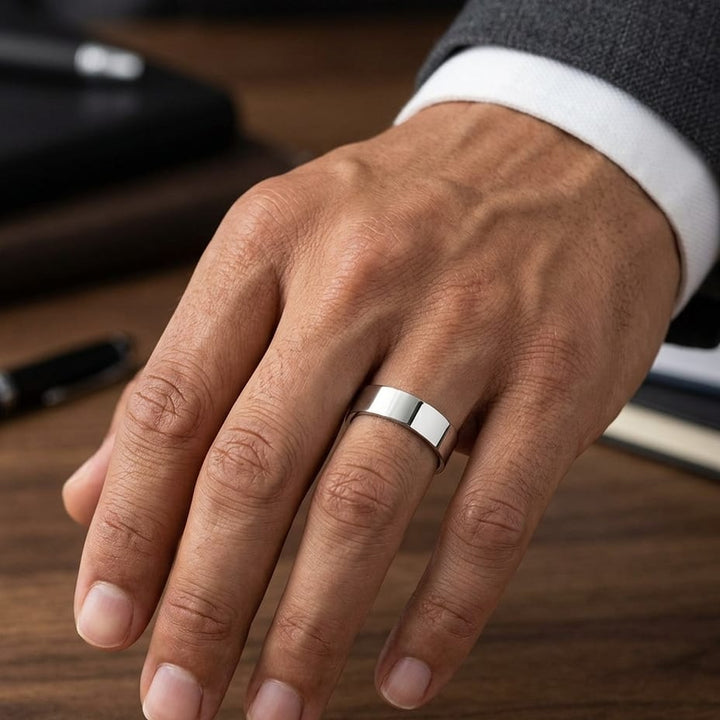 6mm Flat Comfort-Fit Wedding Band in 14K White Gold, worn on hand, masculine close-up