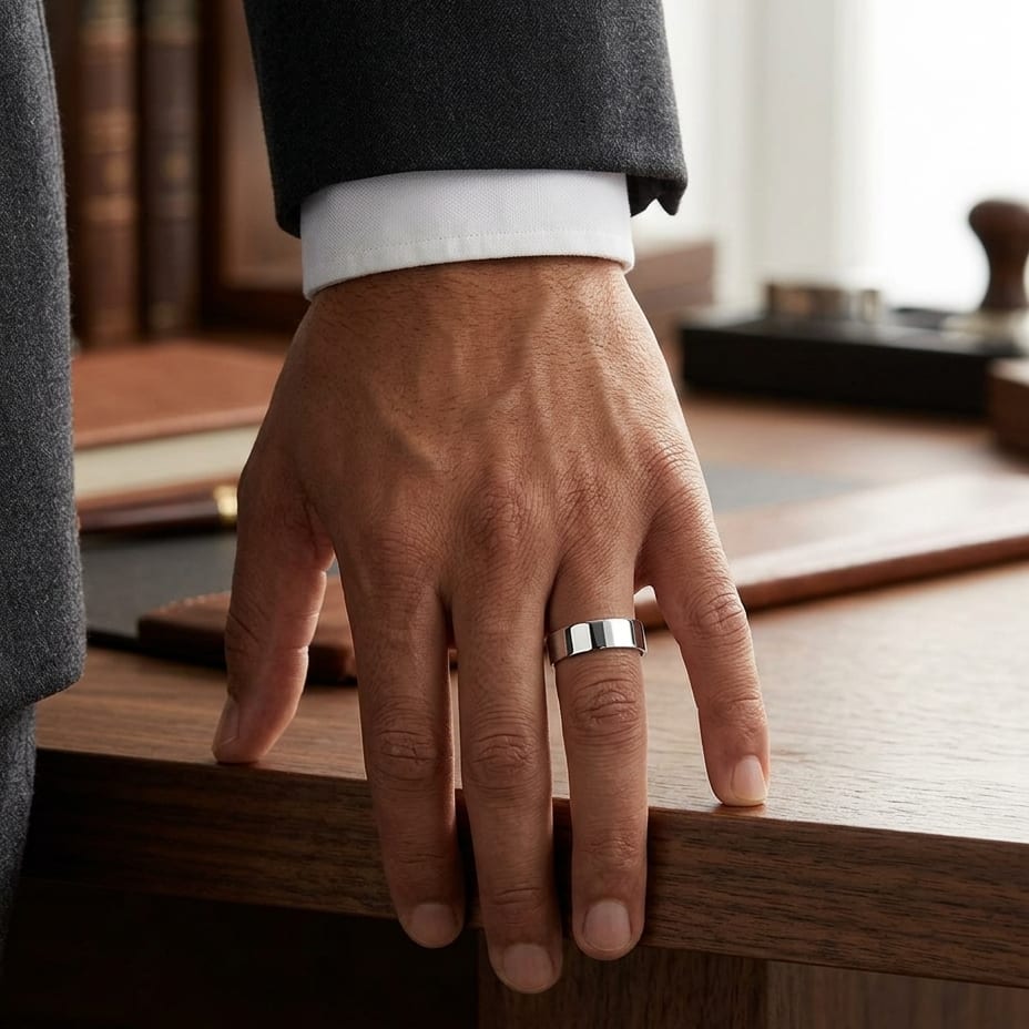 6mm Flat Comfort-Fit Wedding Band in 14K White Gold, worn on hand, masculine full view