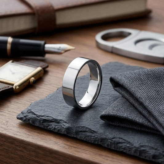 6mm Flat Comfort-Fit Wedding Band in 14K White Gold, on walnut surface with pocket square