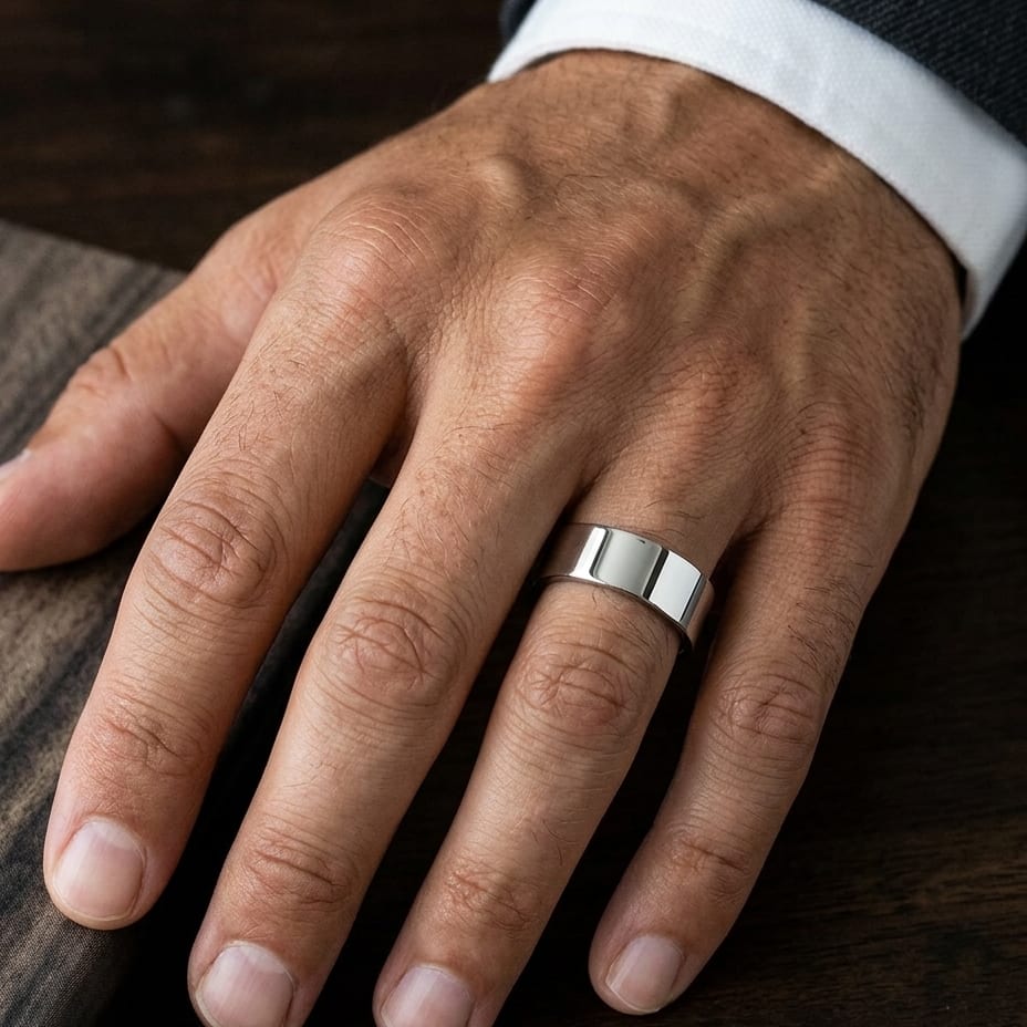 8mm Flat Comfort-Fit Wedding Band in 14K White Gold, worn on hand, masculine close-up