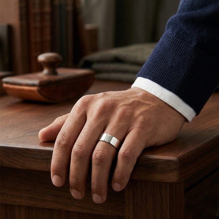 8mm Flat Comfort-Fit Wedding Band in 14K White Gold, worn on hand, masculine full view