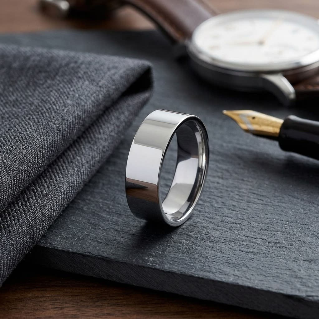 8mm Flat Comfort-Fit Wedding Band in 14K White Gold, on walnut surface with pocket square