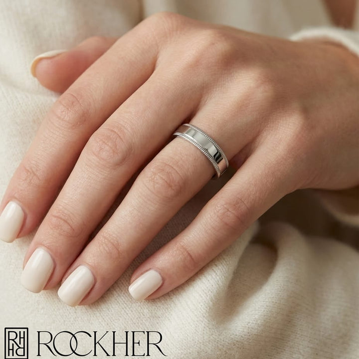 4mm Flat Milgrain Comfort-Fit Wedding Band in 14K White Gold, worn on hand, close-up