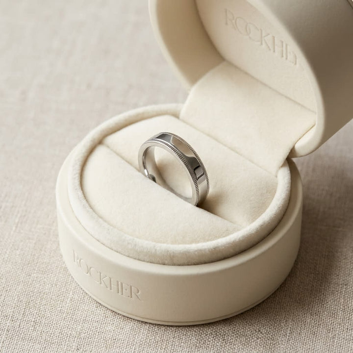 4mm Flat Milgrain Comfort-Fit Wedding Band in 14K White Gold, in navy velvet jewelry box