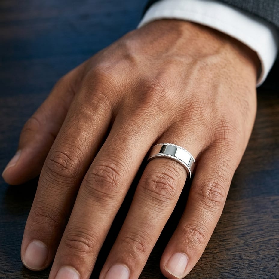 8mm Flat Milgrain Comfort-Fit Wedding Band in 14K White Gold, worn on hand, masculine close-up