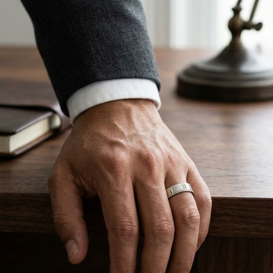 8mm Flat Milgrain Comfort-Fit Wedding Band in 14K White Gold, worn on hand, masculine full view