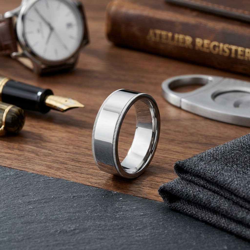 8mm Flat Milgrain Comfort-Fit Wedding Band in 14K White Gold, on walnut surface with pocket square