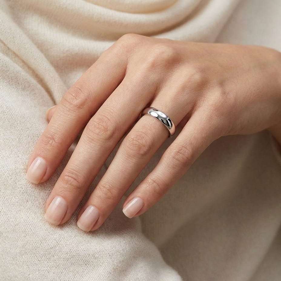 3.5mm Flat Comfort-Fit Wedding Band in 14K White Gold, worn on hand, close-up