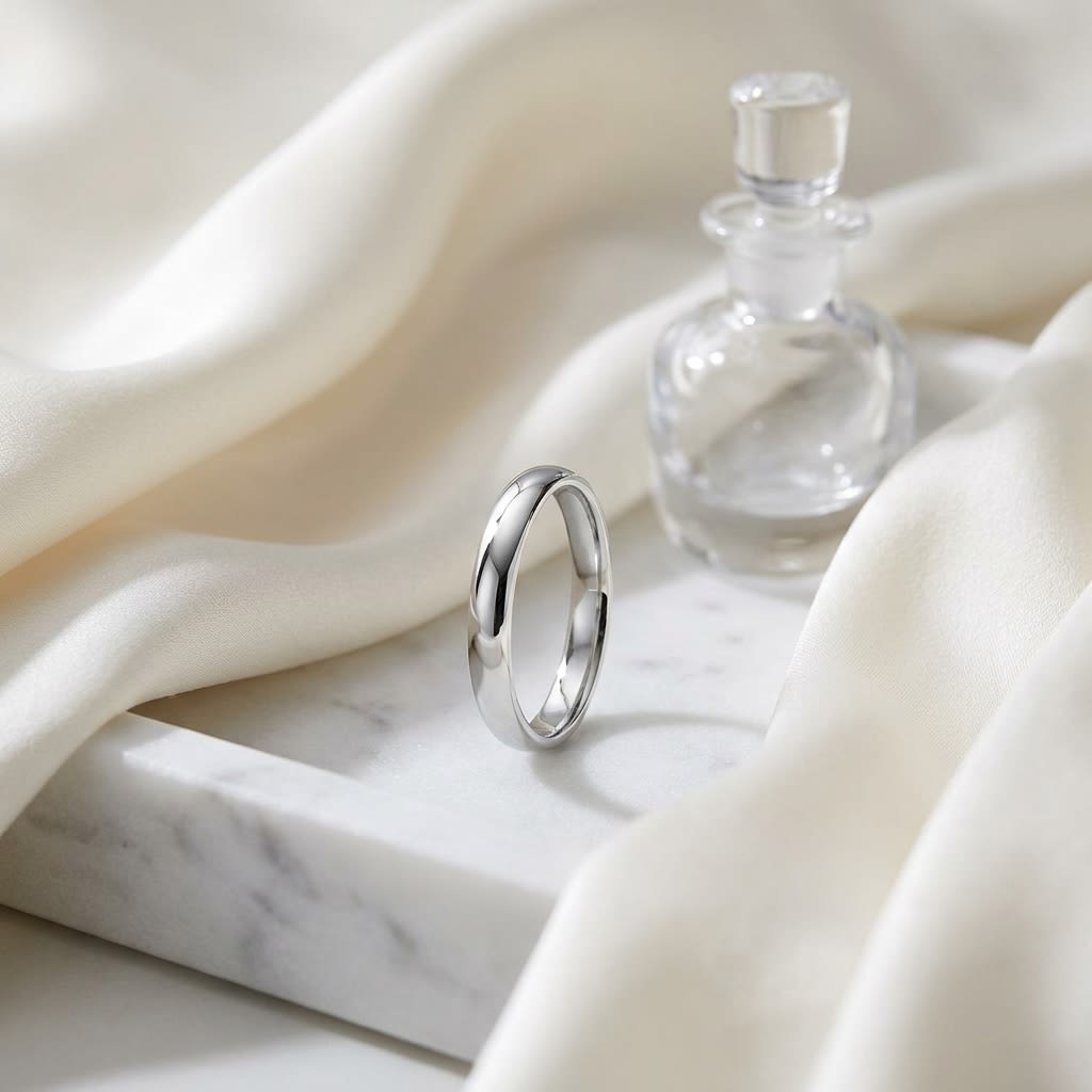 3.5mm Flat Comfort-Fit Wedding Band in 14K White Gold, on marble vanity tray with silk