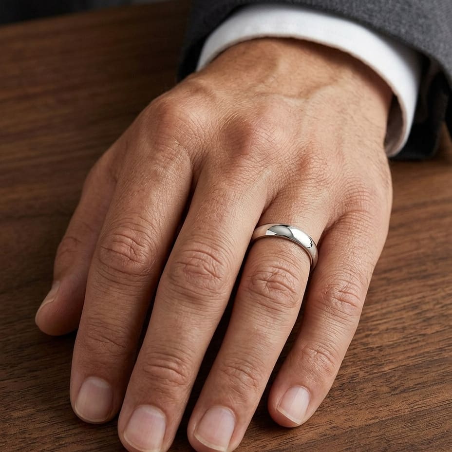 4.5mm Flat Comfort-Fit Wedding Band in 14K White Gold, worn on hand, masculine close-up