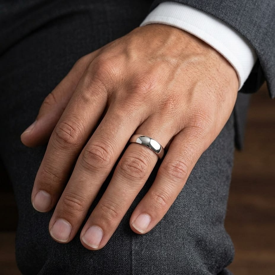 6.5mm Deluxe Comfort-Fit Wedding Band in 14K White Gold, worn on hand, masculine close-up