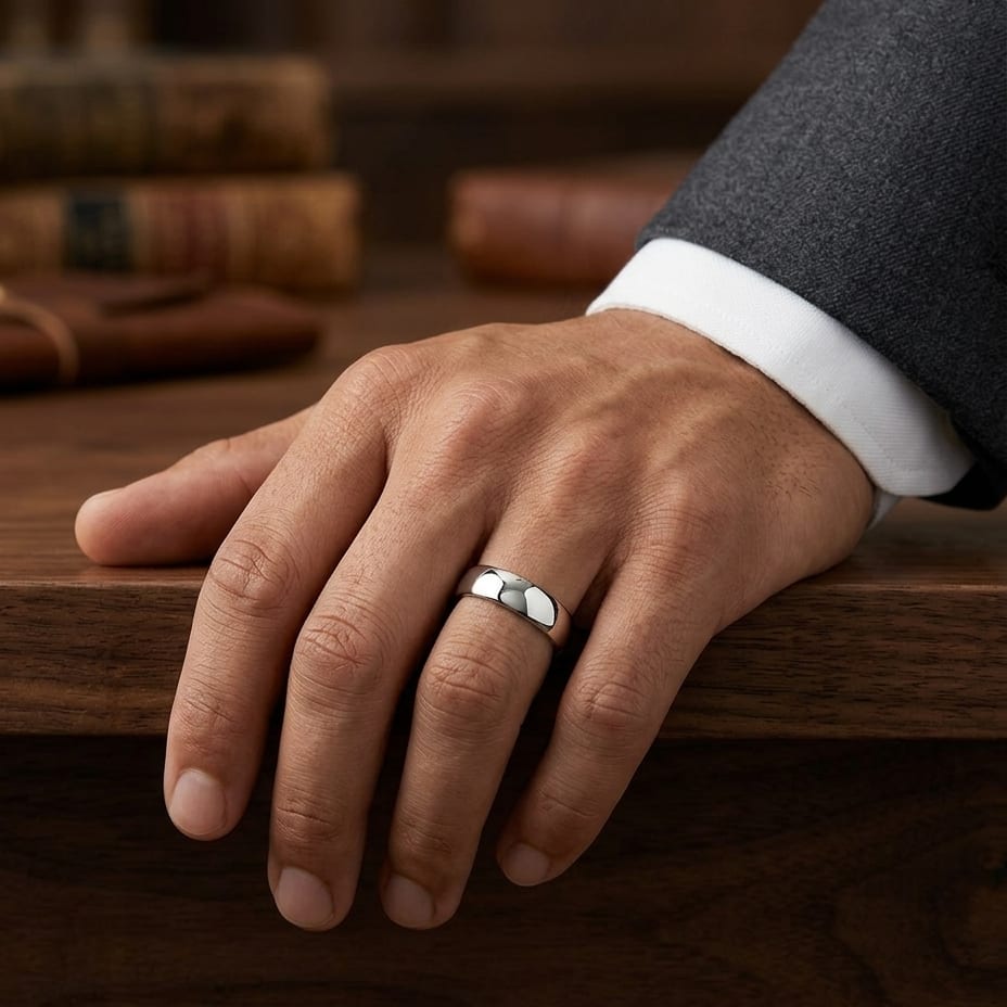 6.5mm Deluxe Comfort-Fit Wedding Band in 14K White Gold, worn on hand, masculine full view