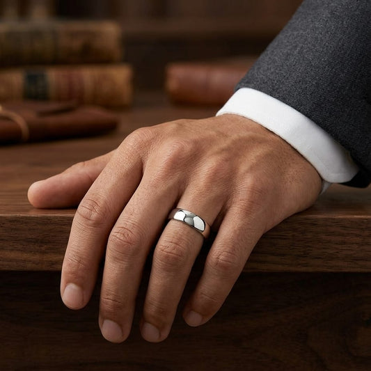 6.5mm Deluxe Comfort-Fit Wedding Band in 14K White Gold, worn on hand, masculine full view