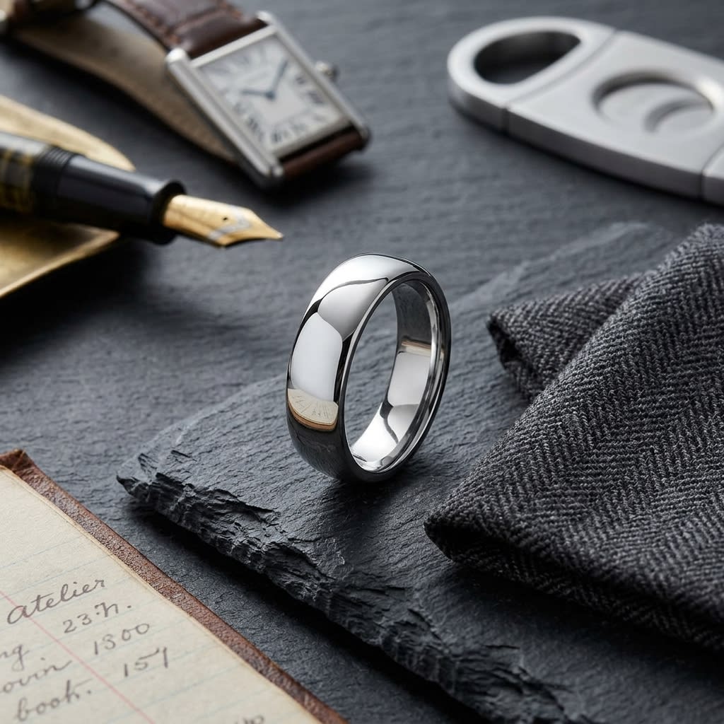 6.5mm Deluxe Comfort-Fit Wedding Band in 14K White Gold, on walnut surface with pocket square