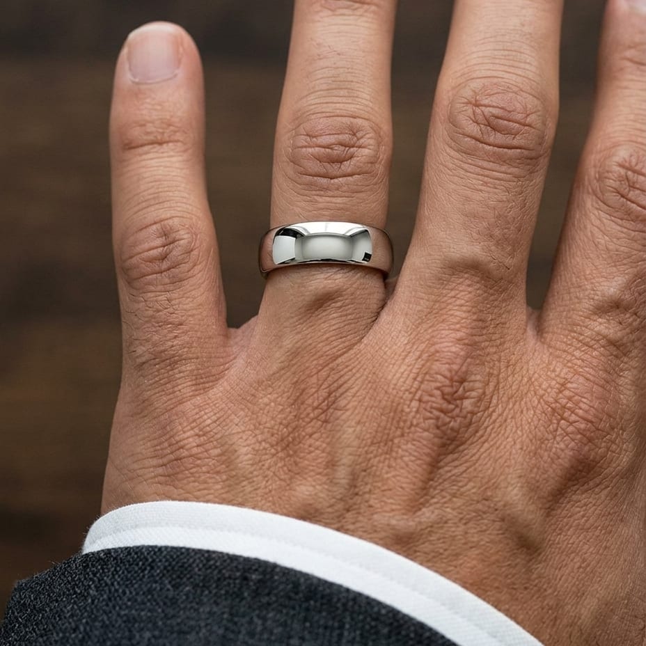 7.5mm Deluxe Comfort-Fit Wedding Band in 14K White Gold, worn on hand, masculine close-up