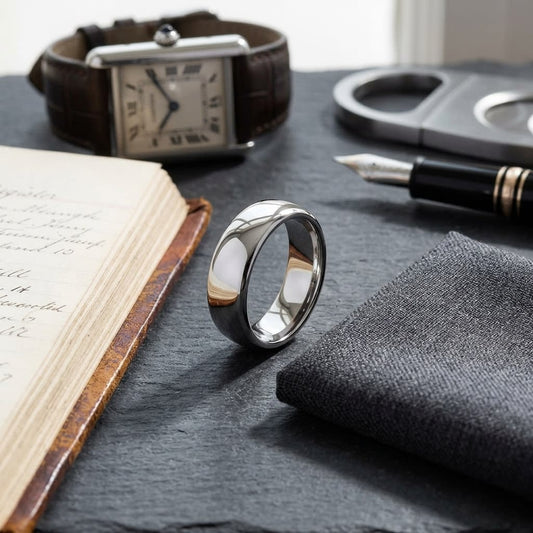 7.5mm Deluxe Comfort-Fit Wedding Band in 14K White Gold, on walnut surface with pocket square