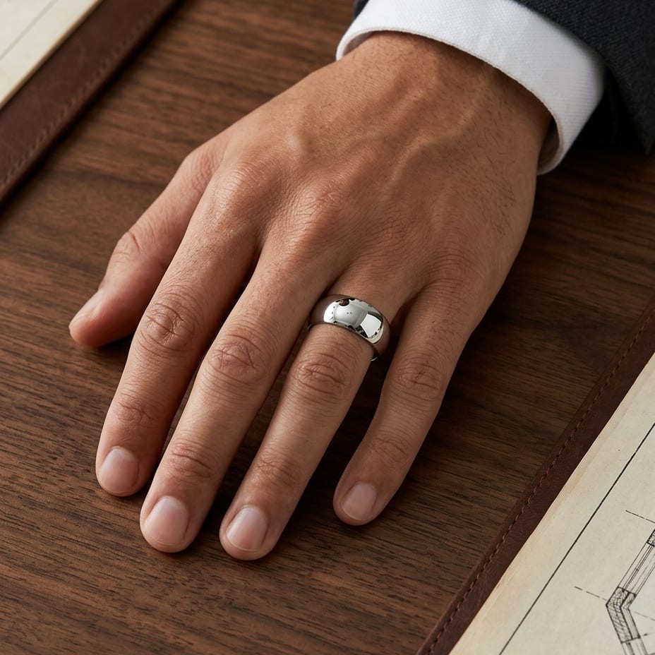 10mm High Dome Comfort-Fit Wedding Band in 14K White Gold, worn on hand, masculine full view
