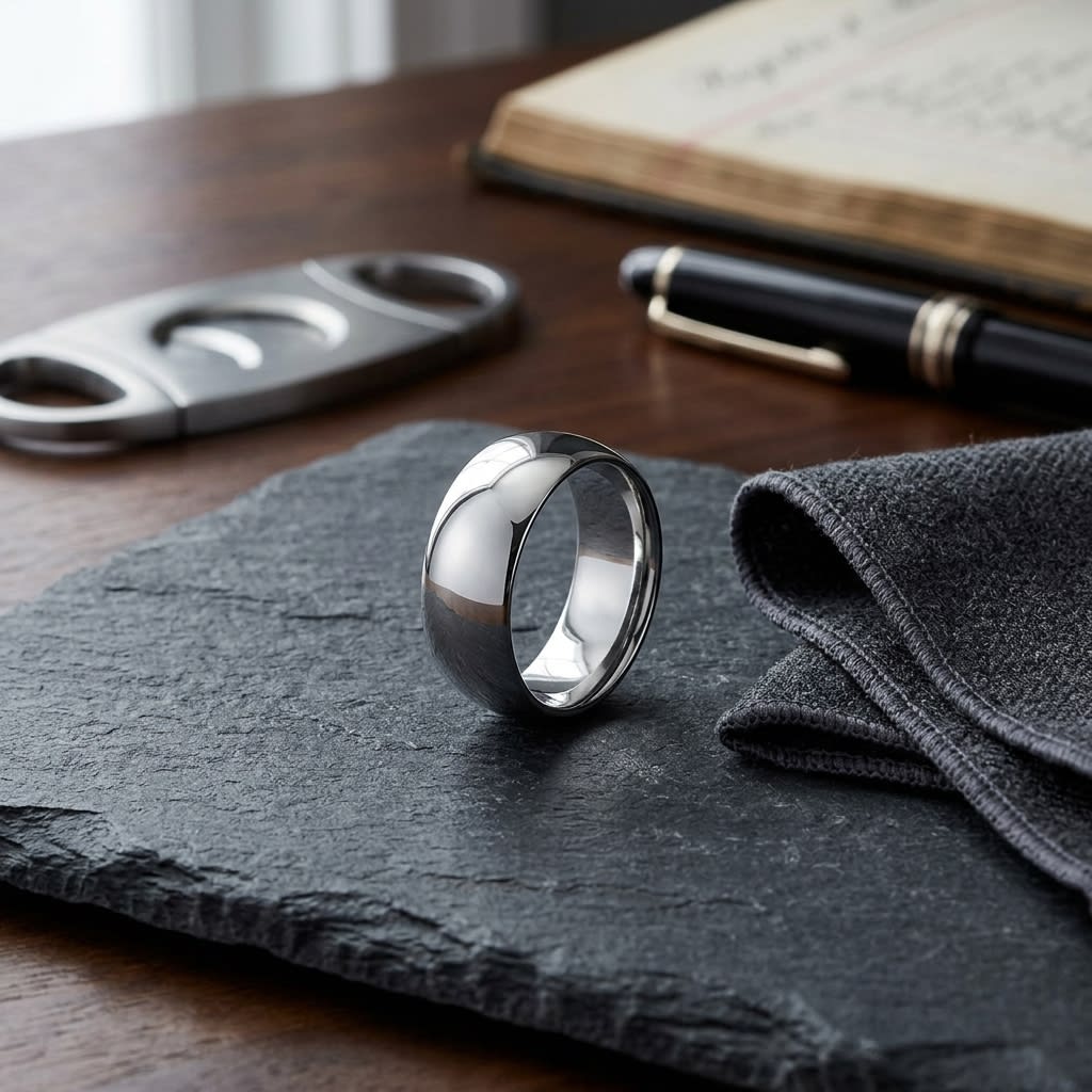 10mm High Dome Comfort-Fit Wedding Band in 14K White Gold, on walnut surface with pocket square