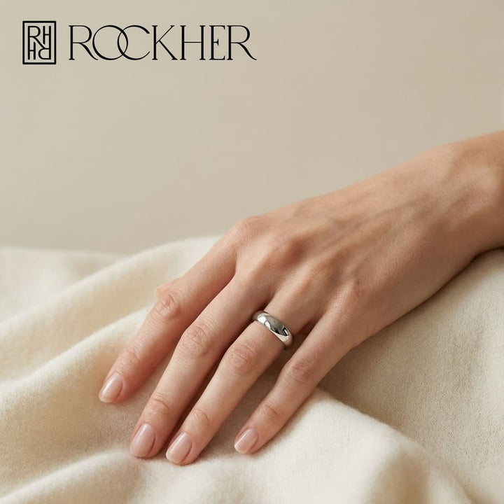 4mm High Dome Comfort-Fit Wedding Band in 14K White Gold, worn on hand, full view