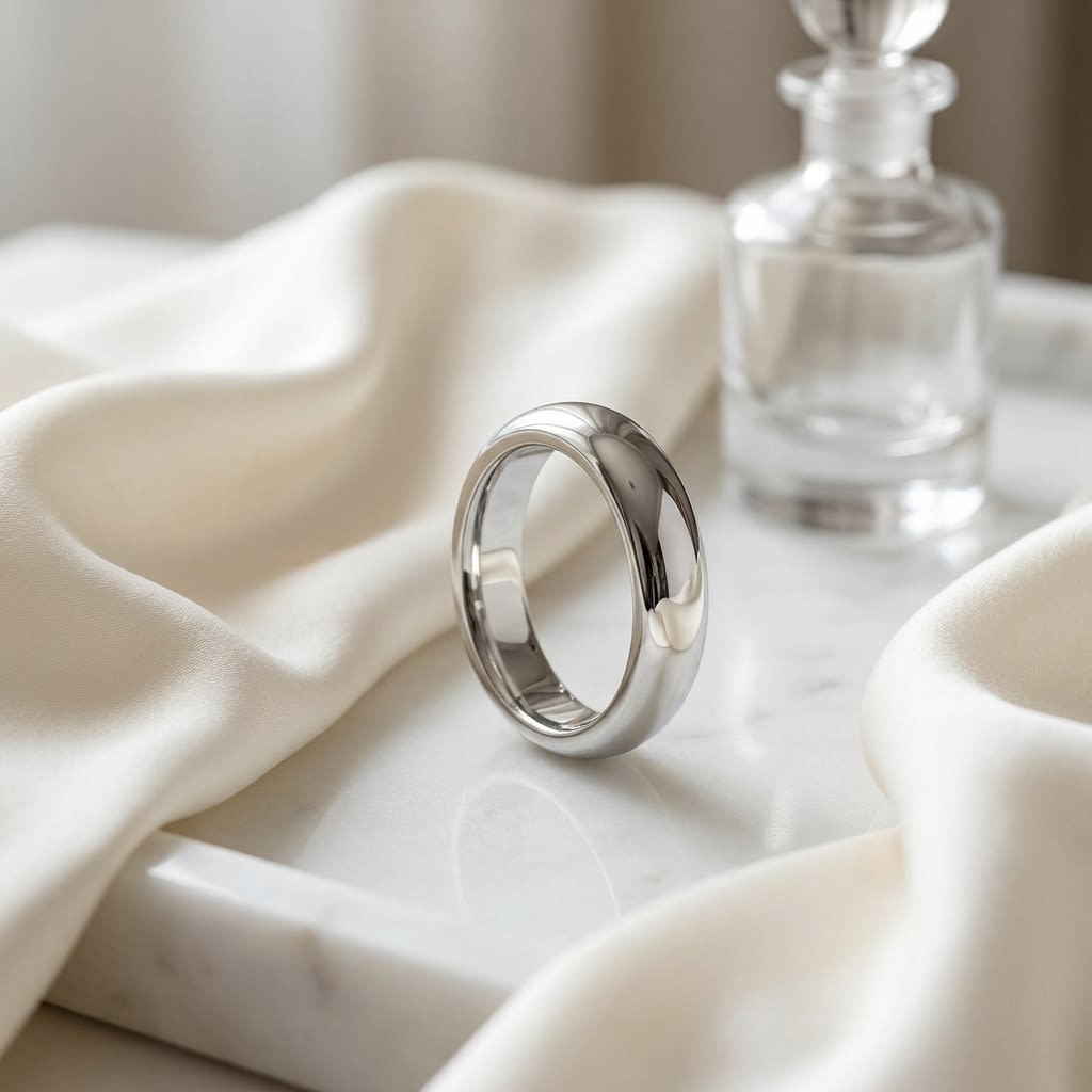 4mm High Dome Comfort-Fit Wedding Band in 14K White Gold, on marble vanity tray with silk