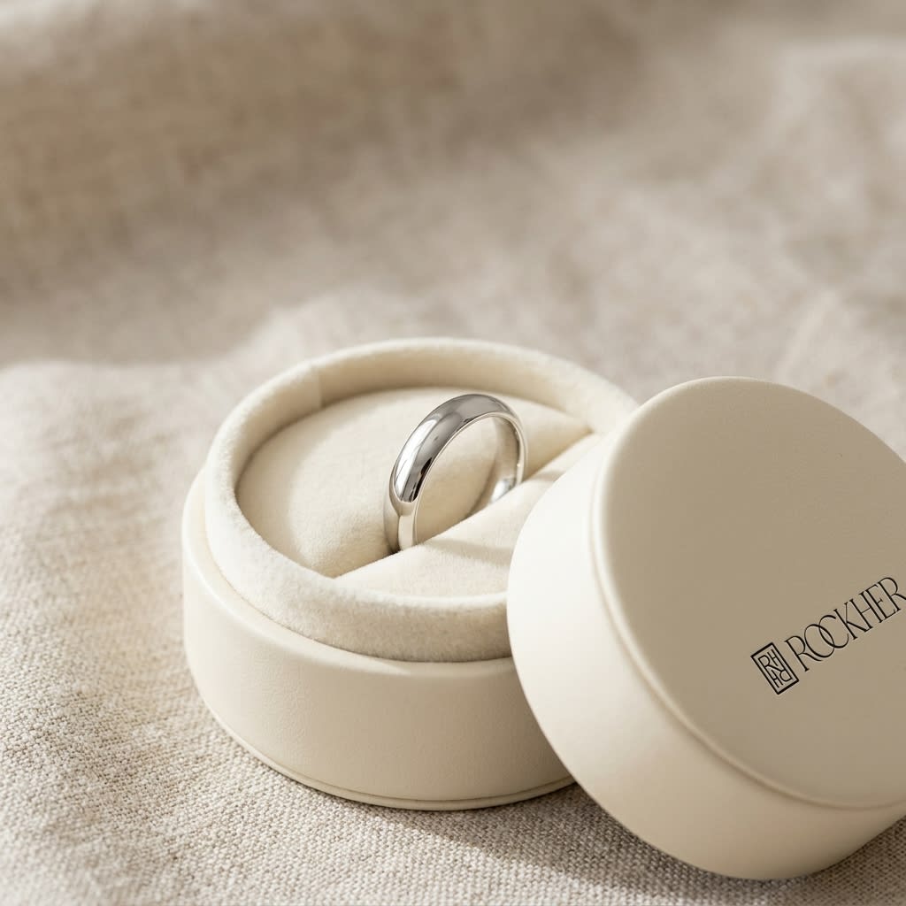 4mm High Dome Comfort-Fit Wedding Band in 14K White Gold, in navy velvet jewelry box