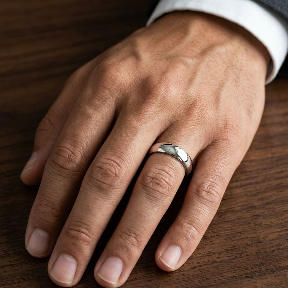 5mm High Dome Comfort-Fit Wedding Band in 14K White Gold, worn on hand, masculine close-up