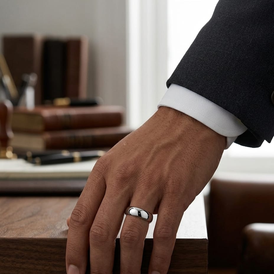 5mm High Dome Comfort-Fit Wedding Band in 14K White Gold, worn on hand, masculine full view