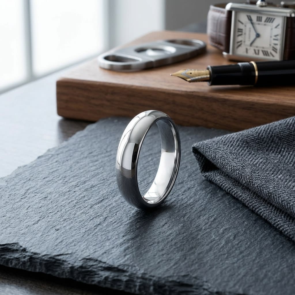5mm High Dome Comfort-Fit Wedding Band in 14K White Gold, on walnut surface with pocket square