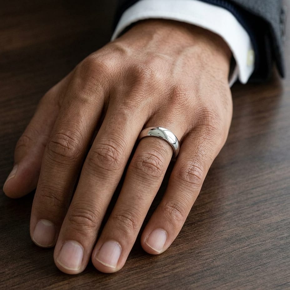 6mm High Dome Comfort-Fit Wedding Band in 14K White Gold, worn on hand, masculine close-up