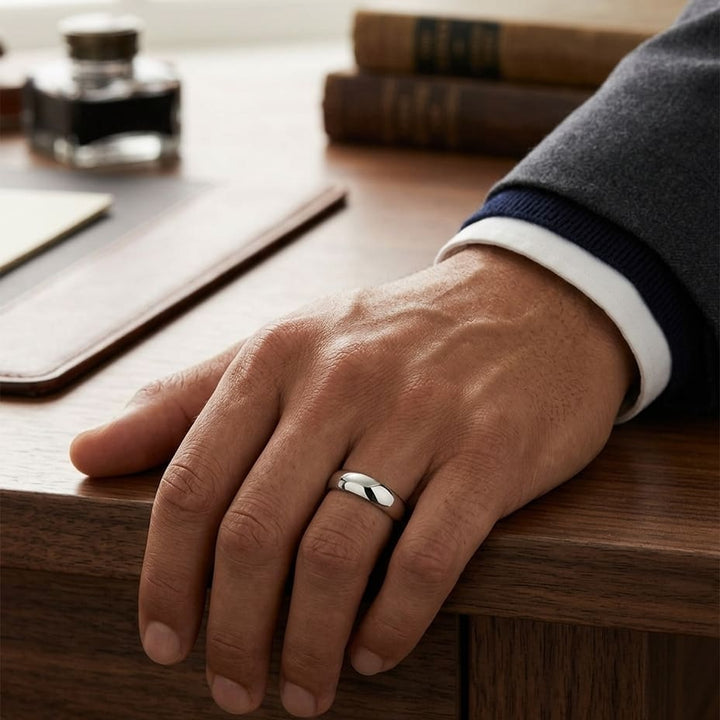 6mm High Dome Comfort-Fit Wedding Band in 14K White Gold, worn on hand, masculine full view