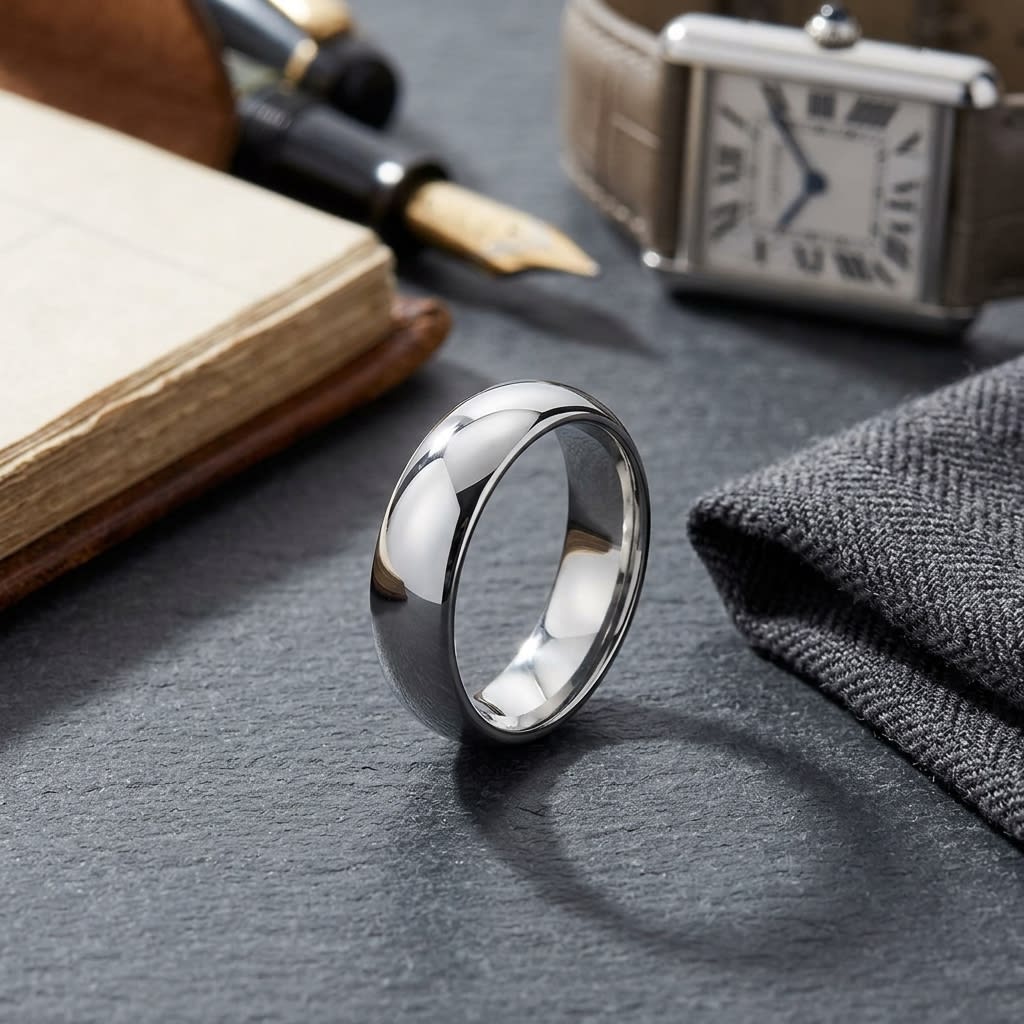 6mm High Dome Comfort-Fit Wedding Band in 14K White Gold, on walnut surface with pocket square
