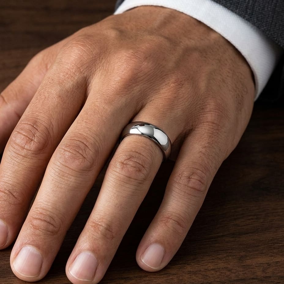 7mm High Dome Comfort-Fit Wedding Band in 14K White Gold, worn on hand, masculine close-up