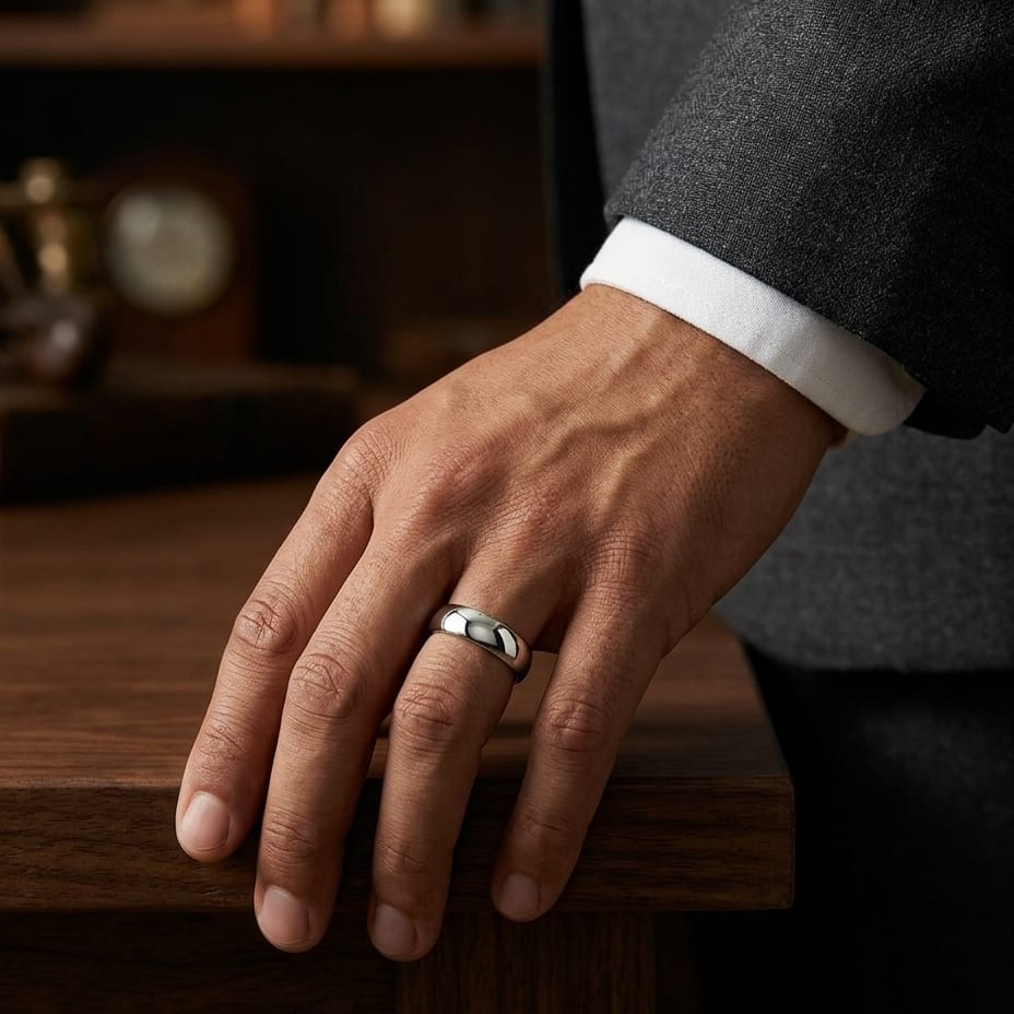 7mm High Dome Comfort-Fit Wedding Band in 14K White Gold, worn on hand, masculine full view