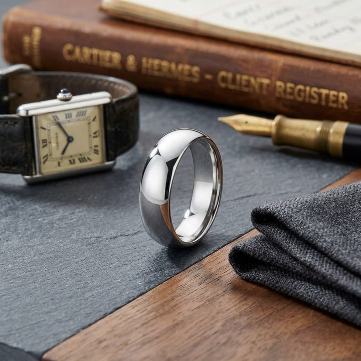 7mm High Dome Comfort-Fit Wedding Band in 14K White Gold, on walnut surface with pocket square