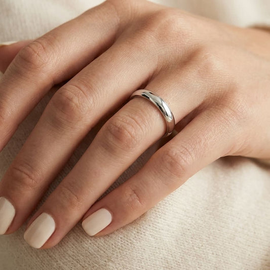 3mm Low Dome Wedding Band in 14K White Gold, worn on hand, close-up