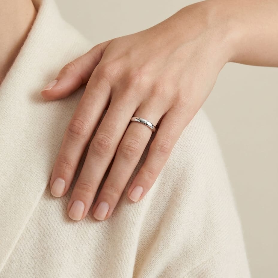 3mm Low Dome Wedding Band in 14K White Gold, worn on hand, full view