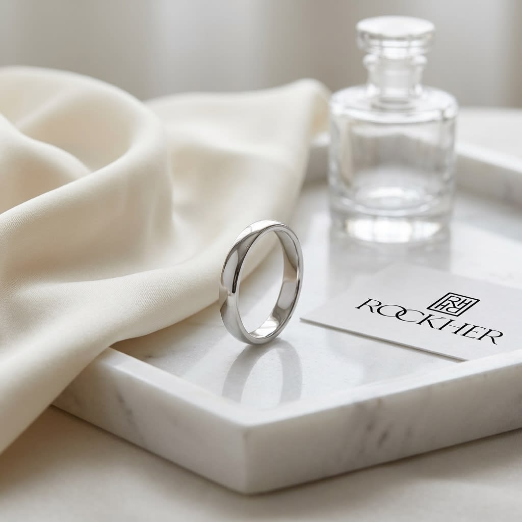 3mm Low Dome Wedding Band in 14K White Gold, on marble vanity tray with silk