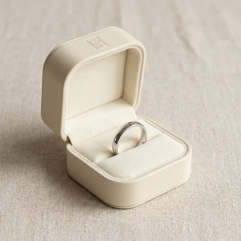 3mm Low Dome Wedding Band in 14K White Gold, in navy velvet jewelry box