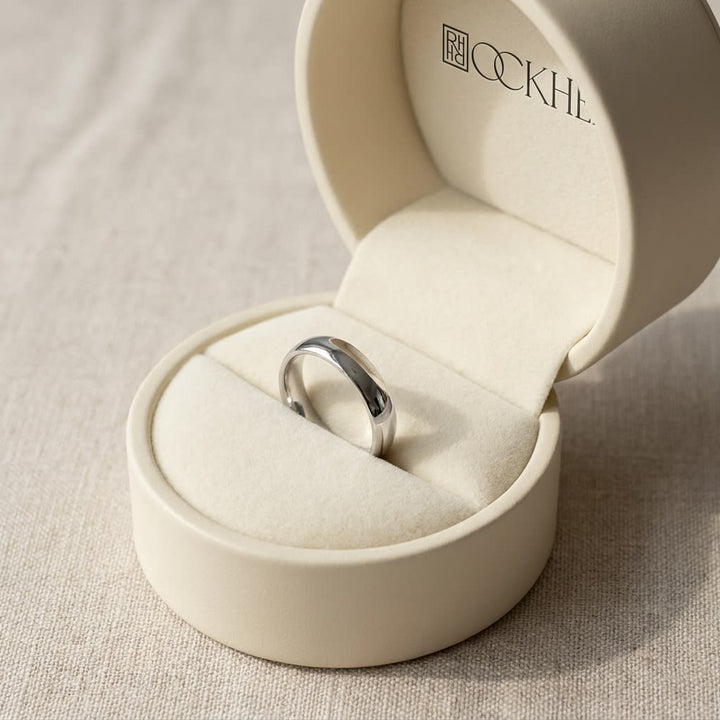 4mm Low Dome Wedding Band in 14K White Gold, in navy velvet jewelry box