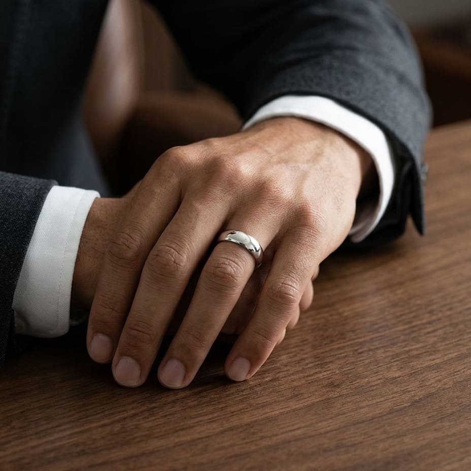 6mm Low Dome Wedding Band in 14K White Gold, worn on hand, masculine full view