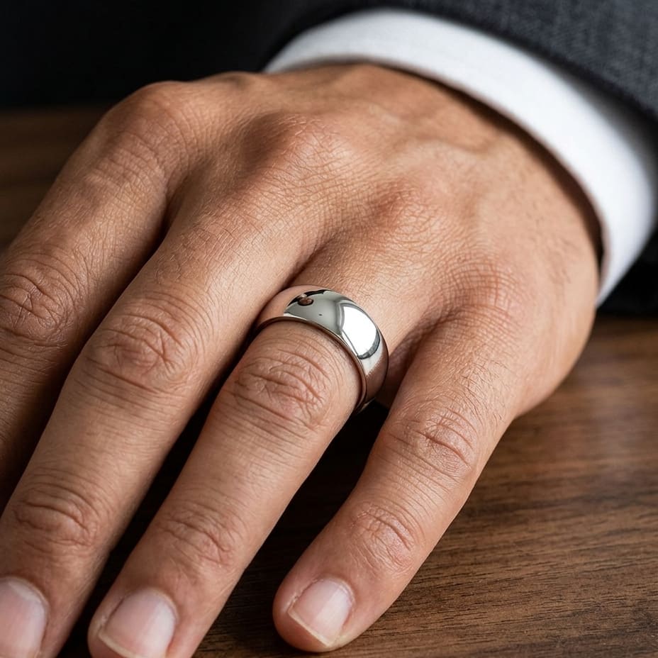 7mm Low Dome Wedding Band in 14K White Gold, worn on hand, masculine close-up
