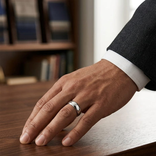 7mm Low Dome Wedding Band in 14K White Gold, worn on hand, masculine full view