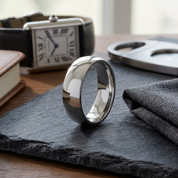 7mm Low Dome Wedding Band in 14K White Gold, on walnut surface with pocket square