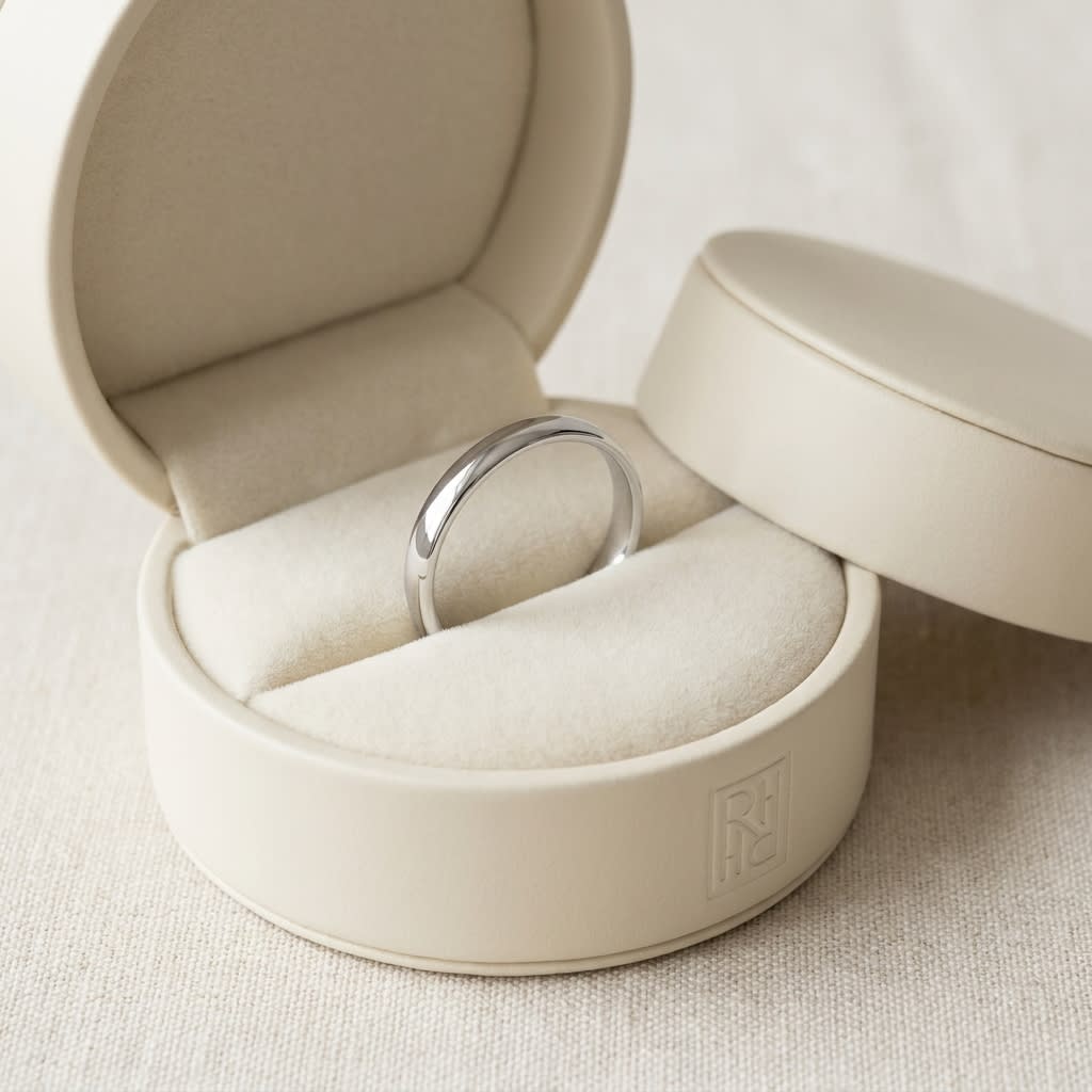2.5mm Slightly Domed Comfort-Fit Wedding Band in 14K White Gold, in navy velvet jewelry box